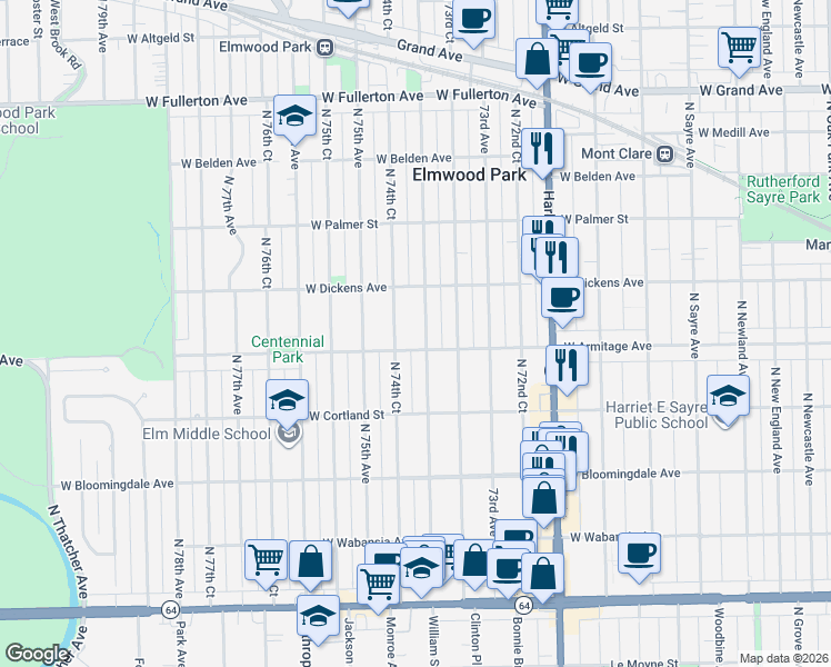 map of restaurants, bars, coffee shops, grocery stores, and more near 1945 North 74th Court in Elmwood Park