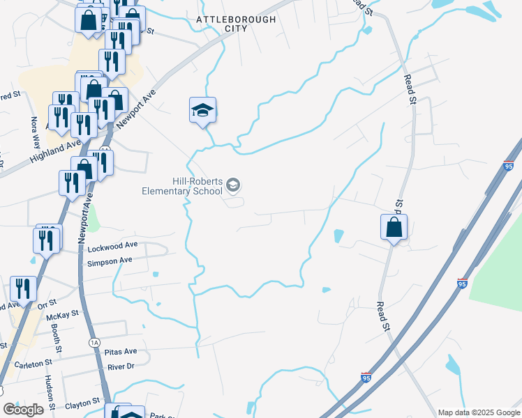 map of restaurants, bars, coffee shops, grocery stores, and more near 5 Jody Way in Attleboro