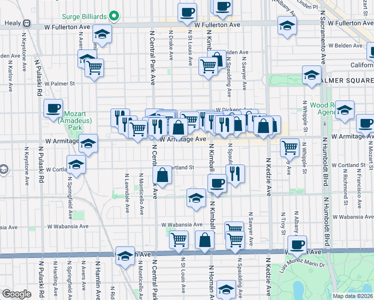 map of restaurants, bars, coffee shops, grocery stores, and more near 1916 North Saint Louis Avenue in Chicago