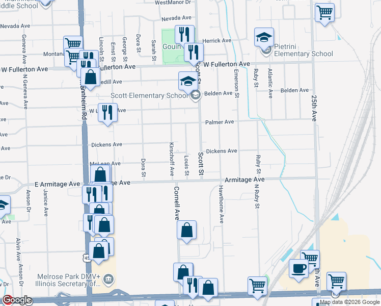 map of restaurants, bars, coffee shops, grocery stores, and more near 2030 Louis Street in Melrose Park