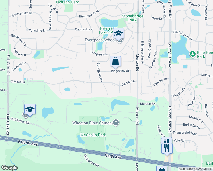 map of restaurants, bars, coffee shops, grocery stores, and more near 3N035 Springvale Road in West Chicago