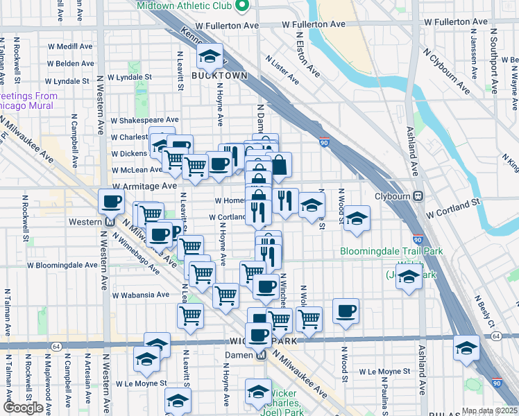 map of restaurants, bars, coffee shops, grocery stores, and more near 1922 North Damen Avenue in Chicago