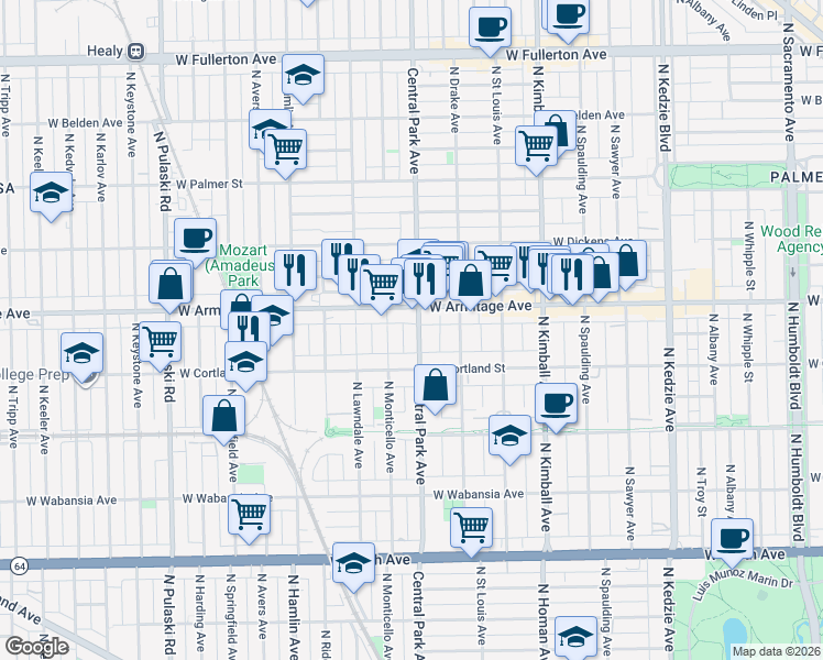 map of restaurants, bars, coffee shops, grocery stores, and more near 1936 North Central Park Avenue in Chicago