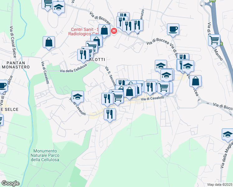 map of restaurants, bars, coffee shops, grocery stores, and more near Via Castellero in Rome
