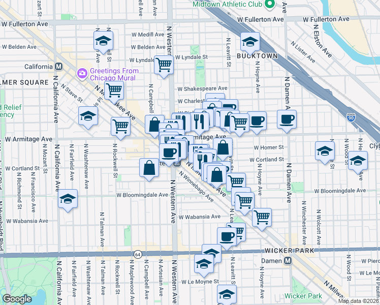 map of restaurants, bars, coffee shops, grocery stores, and more near 1936 North Wilmot Avenue in Chicago