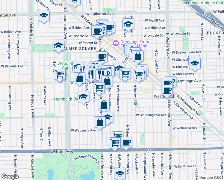 map of restaurants, bars, coffee shops, grocery stores, and more near 1908 North Fairfield Avenue in Chicago