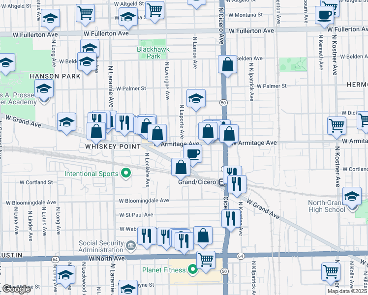 map of restaurants, bars, coffee shops, grocery stores, and more near 4922 West Grand Avenue in Chicago