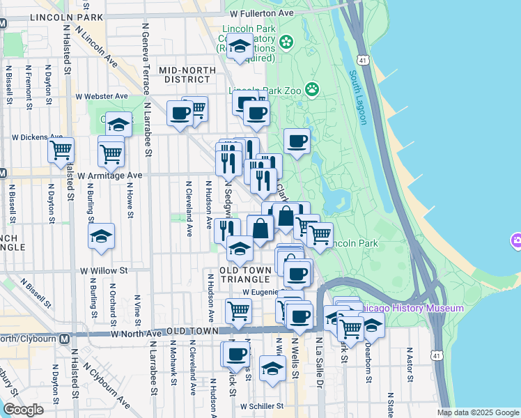 map of restaurants, bars, coffee shops, grocery stores, and more near 1840 North Orleans Street in Chicago