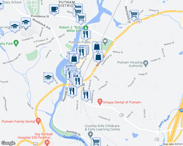map of restaurants, bars, coffee shops, grocery stores, and more near 118 School Street in Putnam