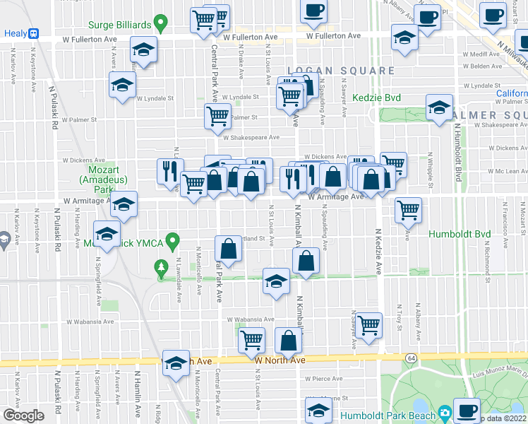 map of restaurants, bars, coffee shops, grocery stores, and more near 1938 N St Louis Ave in Chicago