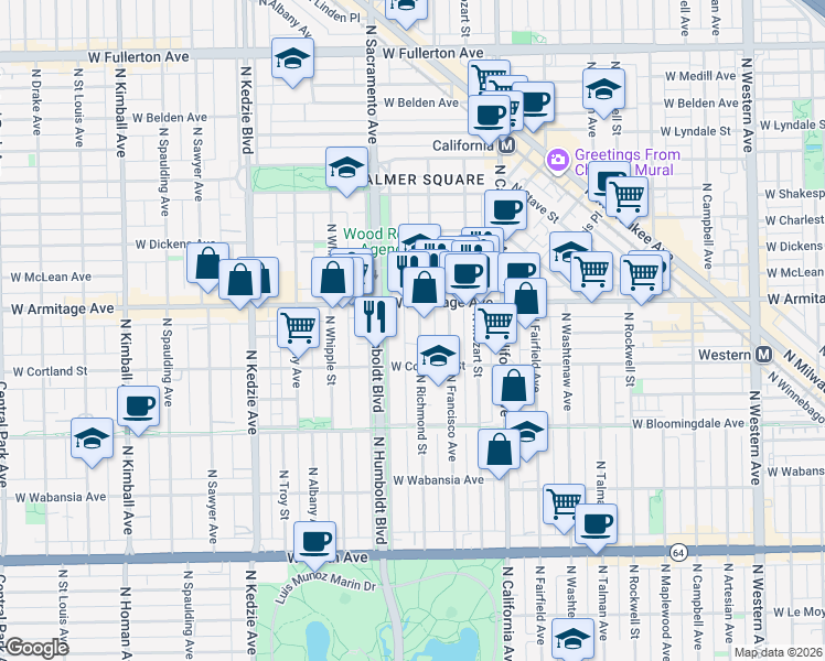 map of restaurants, bars, coffee shops, grocery stores, and more near 1932 North Richmond Street in Chicago