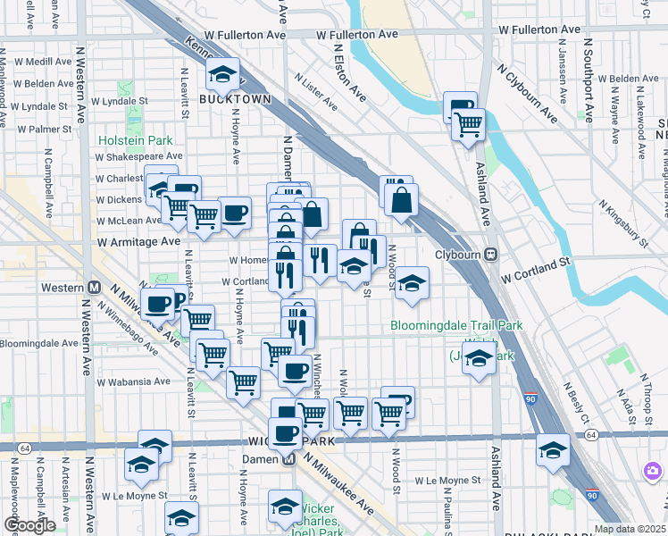 map of restaurants, bars, coffee shops, grocery stores, and more near 1901 North Wolcott Avenue in Chicago