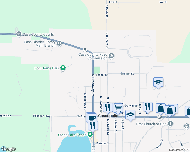 map of restaurants, bars, coffee shops, grocery stores, and more near 259 North Rowland Street in Cassopolis