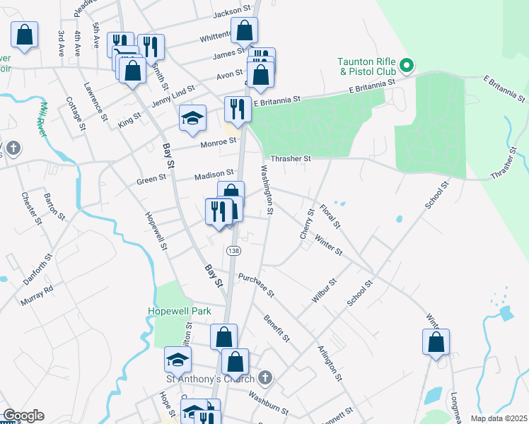map of restaurants, bars, coffee shops, grocery stores, and more near 252 Washington Street in Taunton