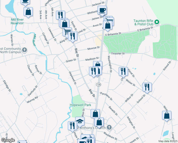 map of restaurants, bars, coffee shops, grocery stores, and more near 15 Jefferson Street in Taunton