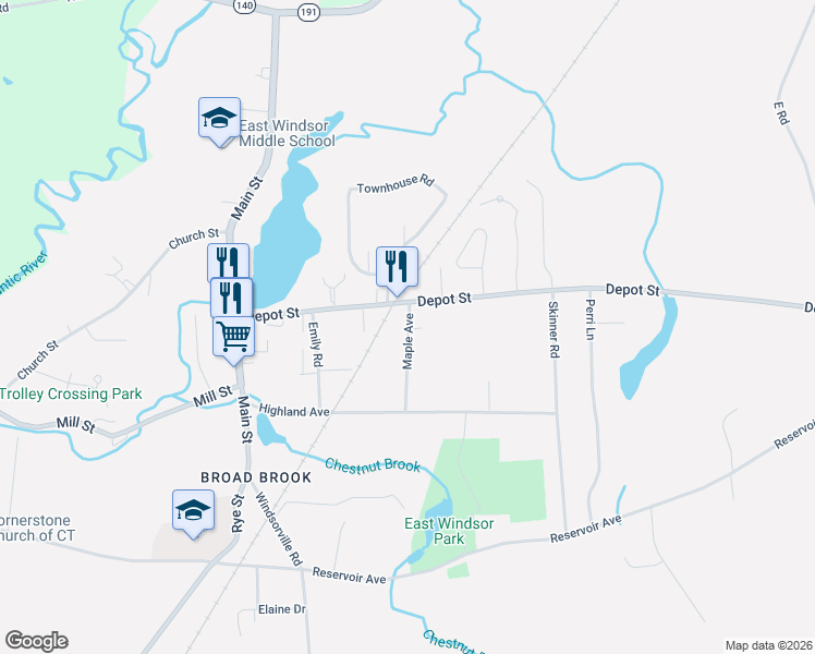 map of restaurants, bars, coffee shops, grocery stores, and more near 15 Maple Avenue in East Windsor