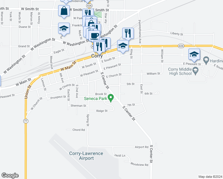 map of restaurants, bars, coffee shops, grocery stores, and more near 437 S Center St in Corry