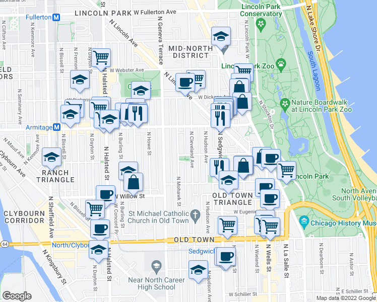 map of restaurants, bars, coffee shops, grocery stores, and more near 1845 North Mohawk Street in Chicago