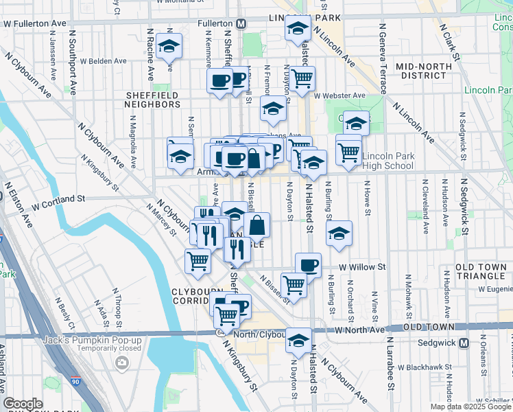 map of restaurants, bars, coffee shops, grocery stores, and more near 1876 North Bissell Street in Chicago
