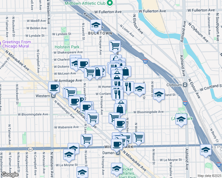 map of restaurants, bars, coffee shops, grocery stores, and more near 1876 North Damen Avenue in Chicago