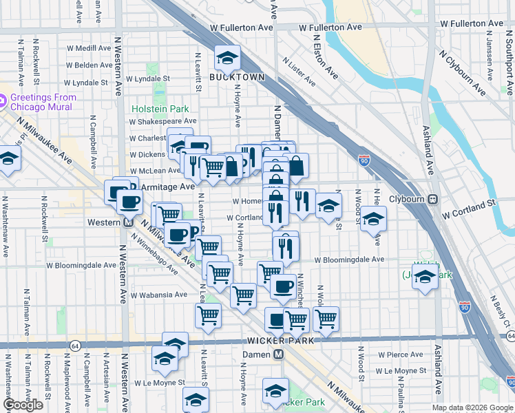 map of restaurants, bars, coffee shops, grocery stores, and more near 2047 West Cortland Street in Chicago