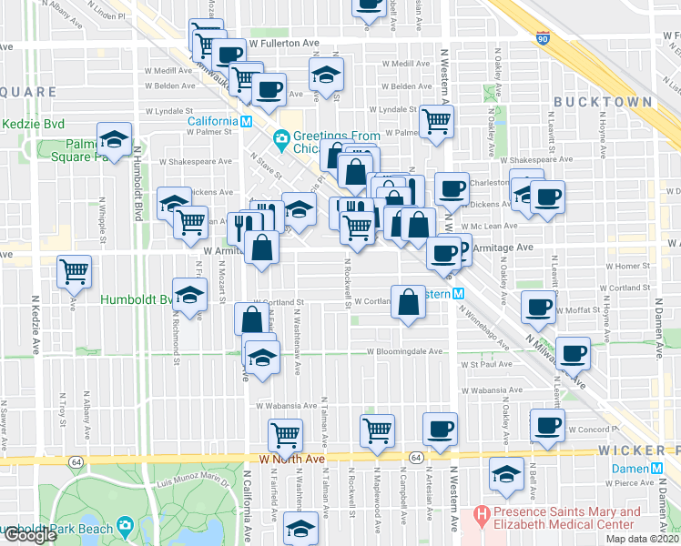 map of restaurants, bars, coffee shops, grocery stores, and more near 2616 West Cortland Street in Chicago