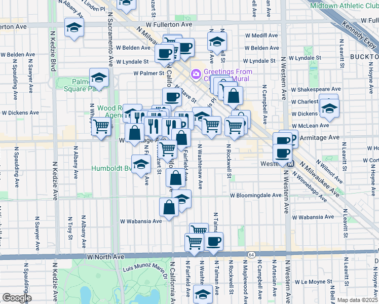 map of restaurants, bars, coffee shops, grocery stores, and more near 1908 North Fairfield Avenue in Chicago