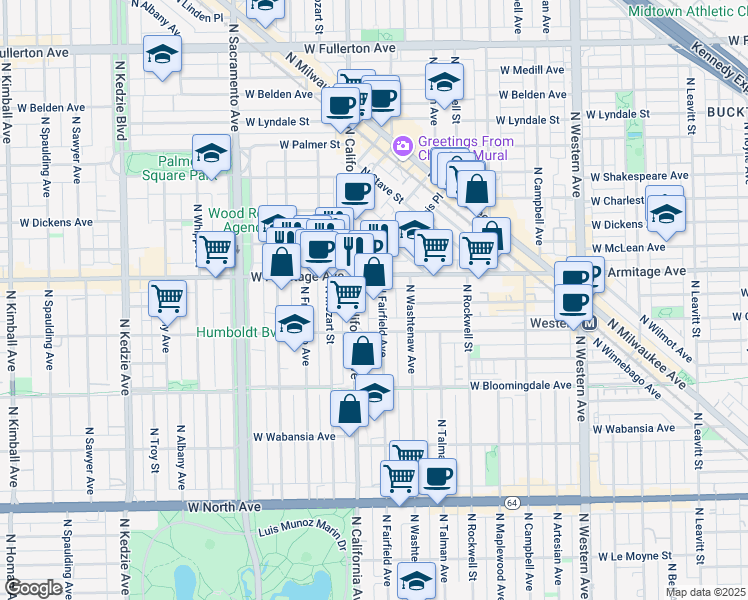 map of restaurants, bars, coffee shops, grocery stores, and more near 1908 North Fairfield Avenue in Chicago