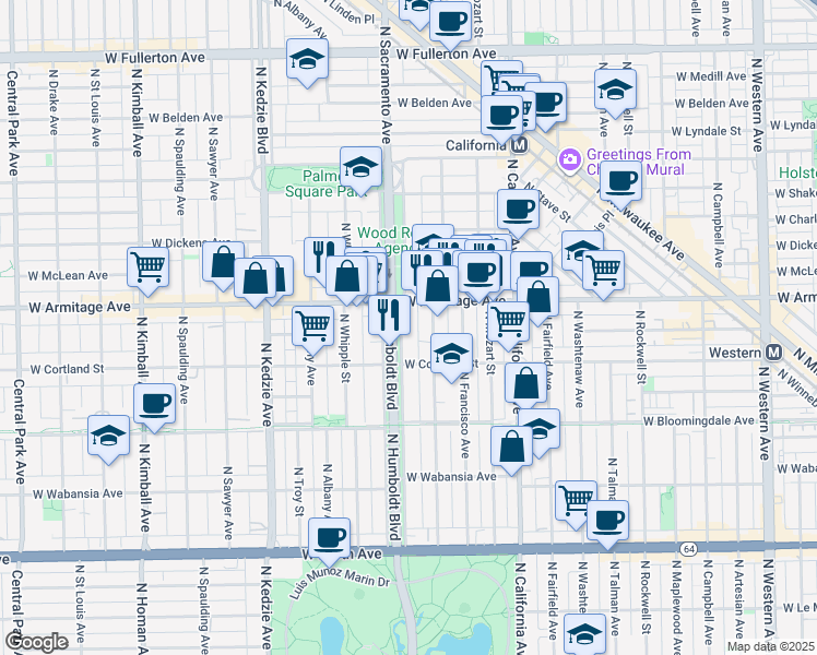 map of restaurants, bars, coffee shops, grocery stores, and more near 1911 North Humboldt Boulevard in Chicago