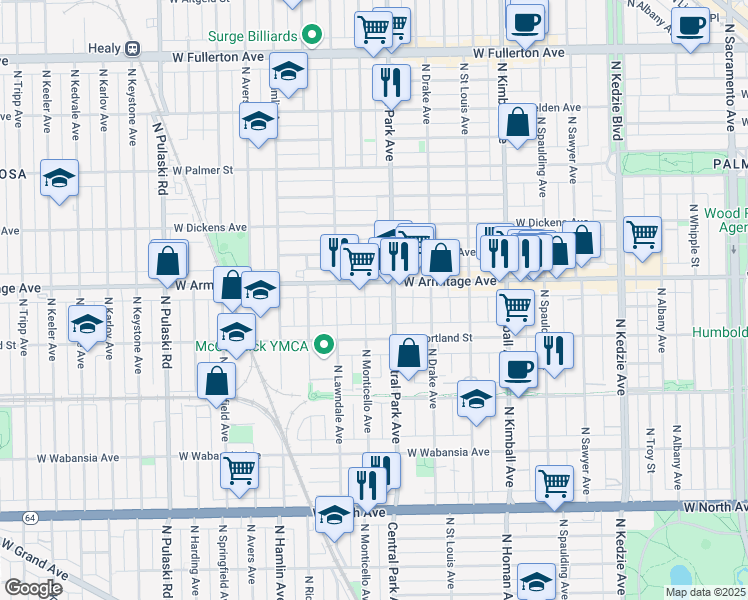 map of restaurants, bars, coffee shops, grocery stores, and more near 1916 North Central Park Avenue in Chicago