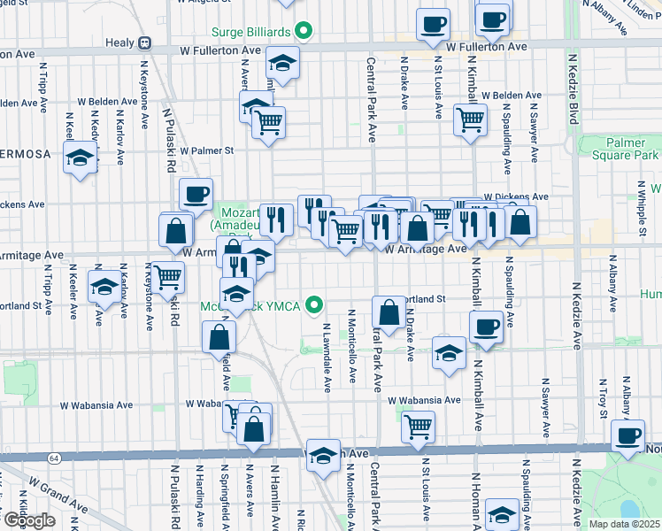 map of restaurants, bars, coffee shops, grocery stores, and more near 1914 North Monticello Avenue in Chicago