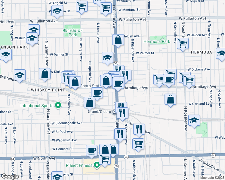 map of restaurants, bars, coffee shops, grocery stores, and more near 1929 North La Crosse Avenue in Chicago