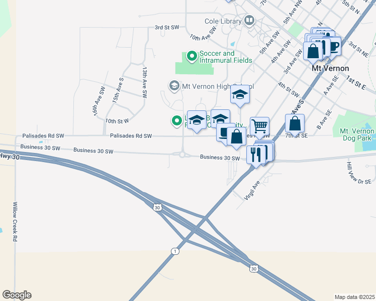 map of restaurants, bars, coffee shops, grocery stores, and more near 810 US Route 30 in Mount Vernon