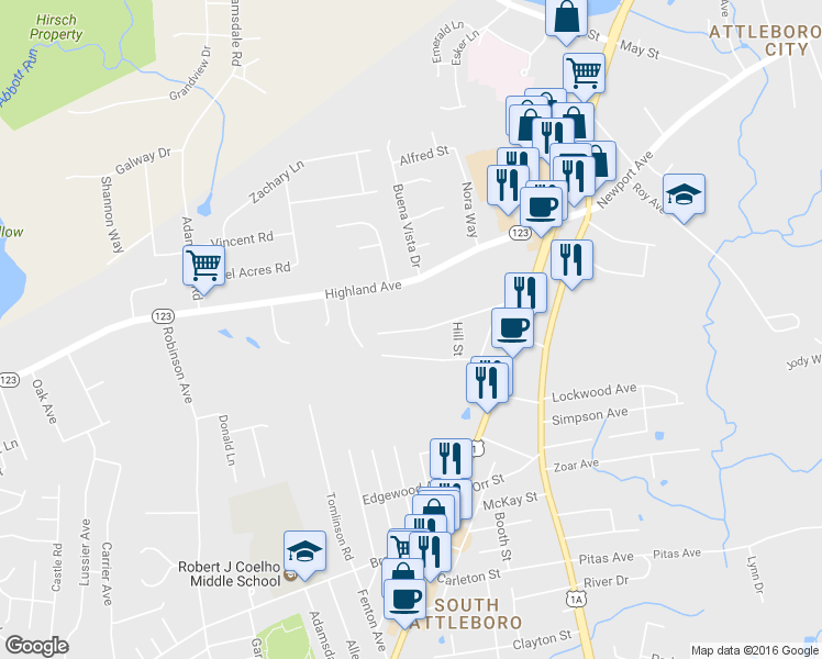 map of restaurants, bars, coffee shops, grocery stores, and more near 89 Sweetland Avenue in Attleboro