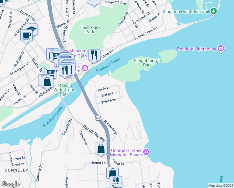 map of restaurants, bars, coffee shops, grocery stores, and more near 623 3rd Avenue in Kingston