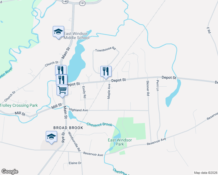 map of restaurants, bars, coffee shops, grocery stores, and more near 15 Maple Avenue in East Windsor