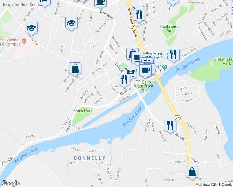 map of restaurants, bars, coffee shops, grocery stores, and more near 9 Hone Street in Kingston