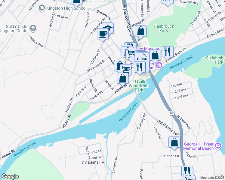 map of restaurants, bars, coffee shops, grocery stores, and more near 117-165 Abeel Street in Kingston