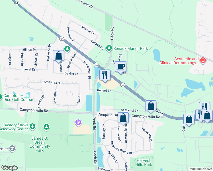 map of restaurants, bars, coffee shops, grocery stores, and more near 3373 Renard Lane in St. Charles