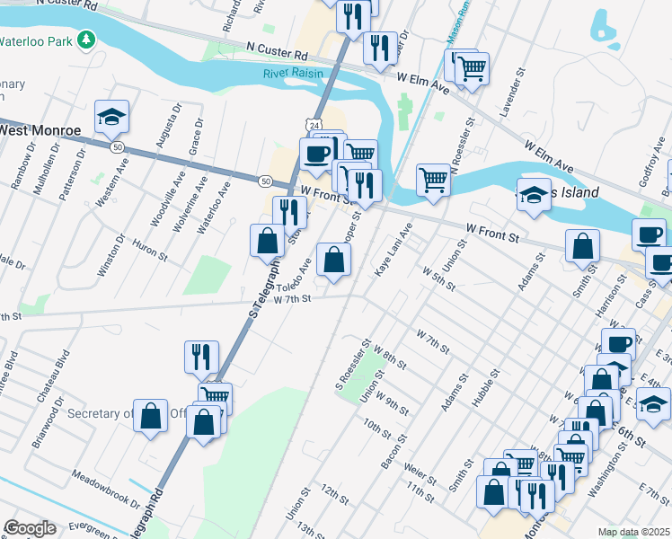 map of restaurants, bars, coffee shops, grocery stores, and more near 749 Cooper Street in Monroe