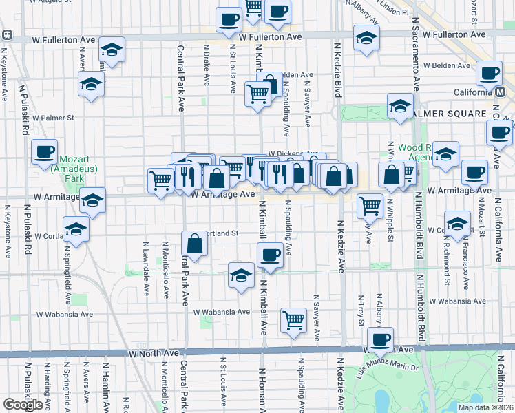 map of restaurants, bars, coffee shops, grocery stores, and more near 1942 North Kimball Avenue in Chicago