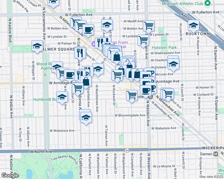 map of restaurants, bars, coffee shops, grocery stores, and more near 1934 North Rockwell Street in Chicago