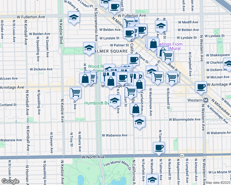 map of restaurants, bars, coffee shops, grocery stores, and more near 2842 West Armitage Avenue in Chicago