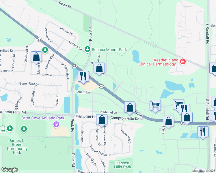 map of restaurants, bars, coffee shops, grocery stores, and more near 3122 West Main Street in St. Charles