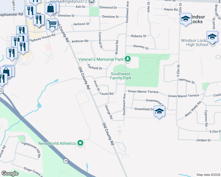 map of restaurants, bars, coffee shops, grocery stores, and more near 20 Walnut Circle in Windsor Locks