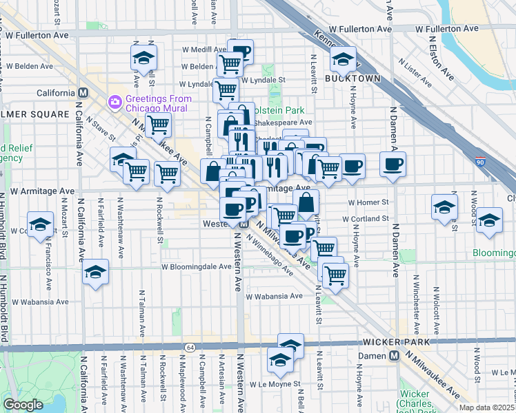 map of restaurants, bars, coffee shops, grocery stores, and more near 1946 North Wilmot Avenue in Chicago