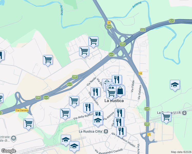 map of restaurants, bars, coffee shops, grocery stores, and more near 122 Via Naide in Roma