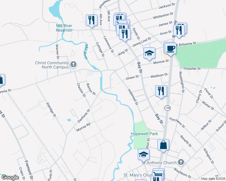 map of restaurants, bars, coffee shops, grocery stores, and more near 43 Green Street in Taunton