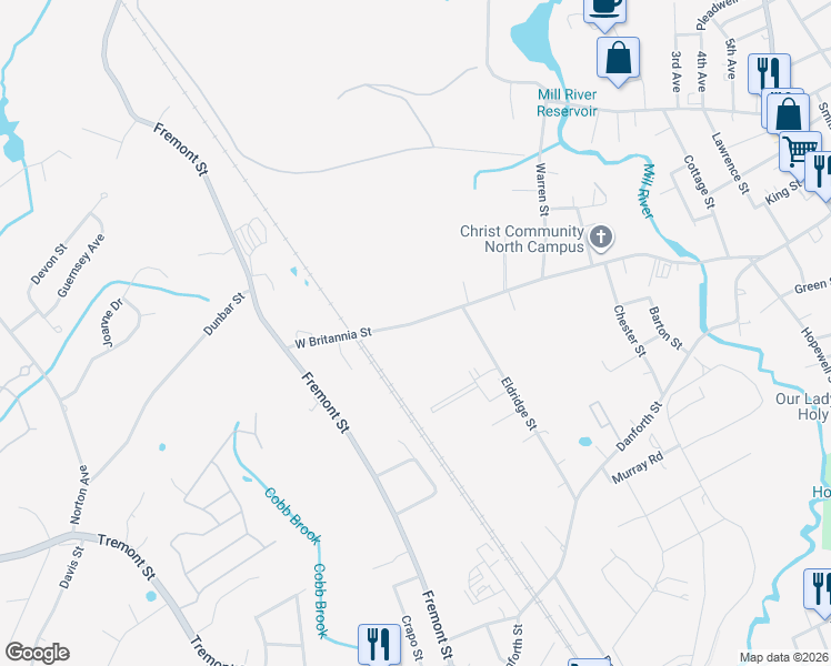 map of restaurants, bars, coffee shops, grocery stores, and more near 457 West Britannia Street in Taunton