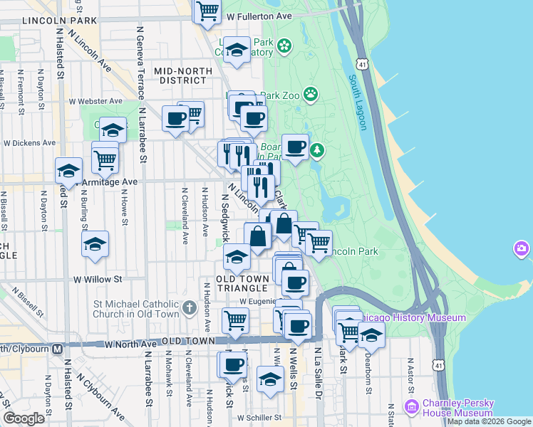map of restaurants, bars, coffee shops, grocery stores, and more near 1936 North Clark Street in Chicago